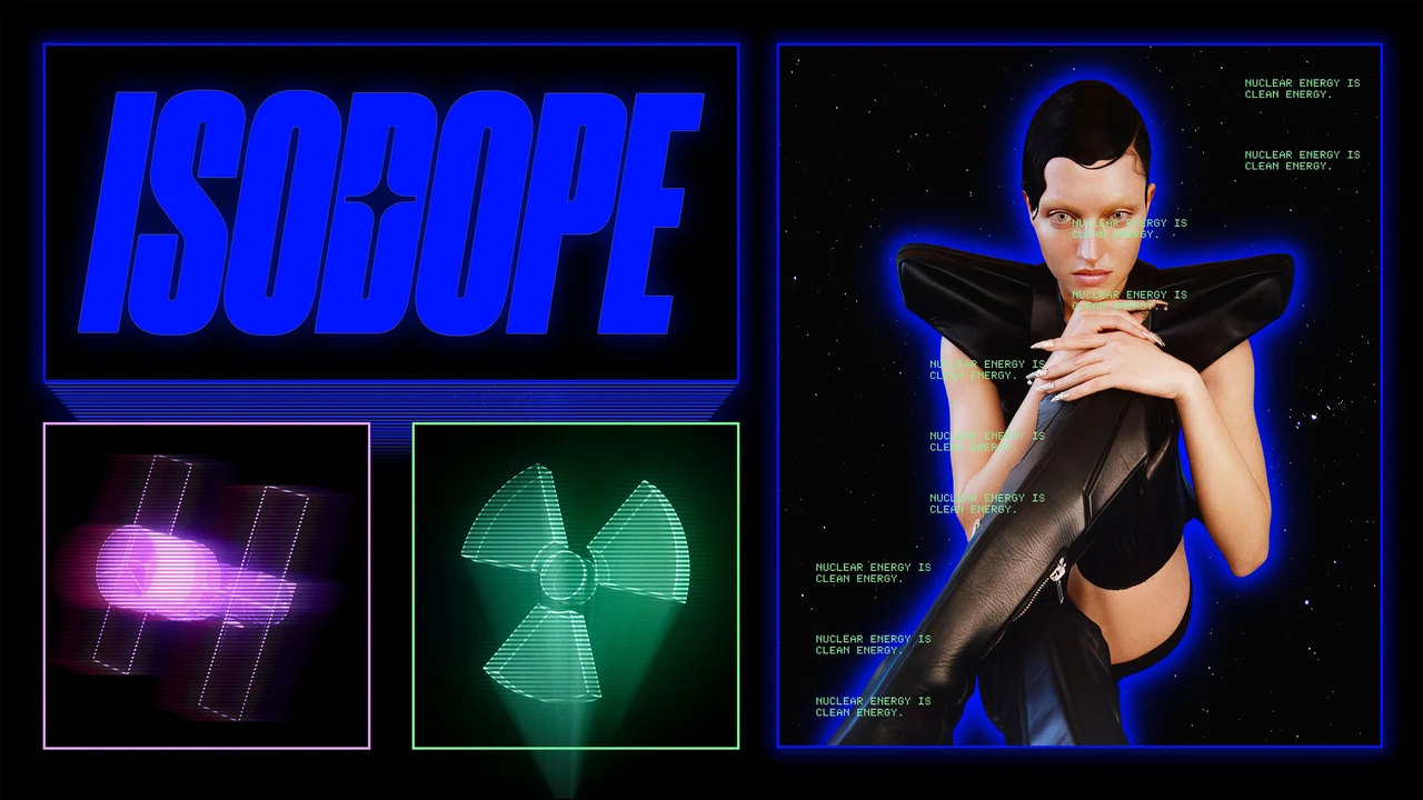 Prancha da identidade Isodope reúne logotipo azul condensado, retrato com halo azul e dois ícones holográficos de energia em roxo e verde.