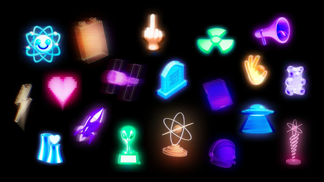 Coleção de ícones luminosos sobre preto reúne átomo sorridente, símbolo radioativo, coração, foguete, disco voador, megafone e troféus com aparência de holograma.