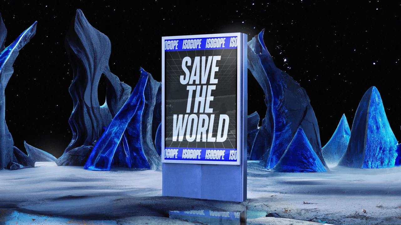 Totem com a mensagem “Save the world” em branco e moldura de logotipos Isodope aparece em uma paisagem rochosa azul sob céu estrelado.