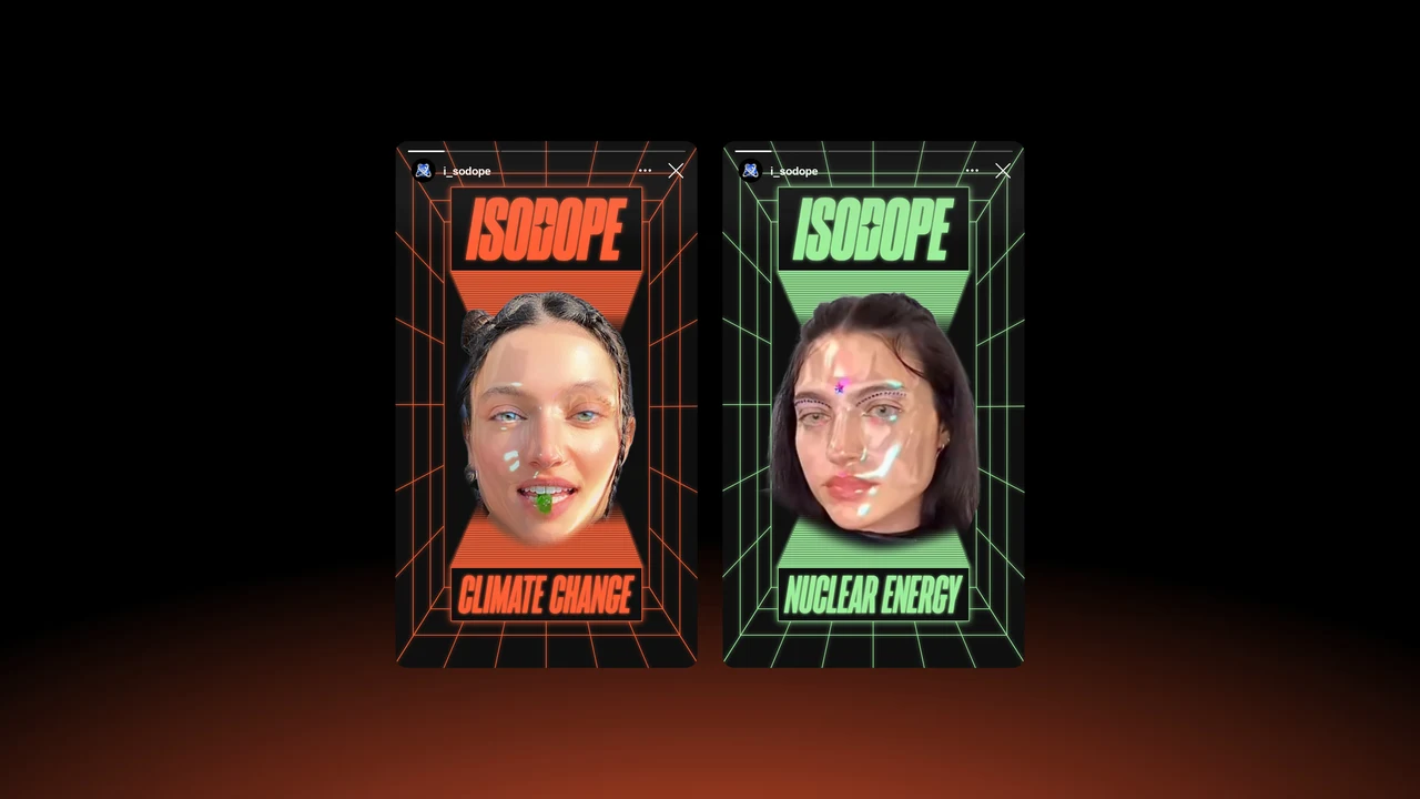 Duas peças verticais Isodope apresentam rostos recortados sobre grades em perspectiva, com títulos “Climate change” em laranja e “Nuclear energy” em verde.