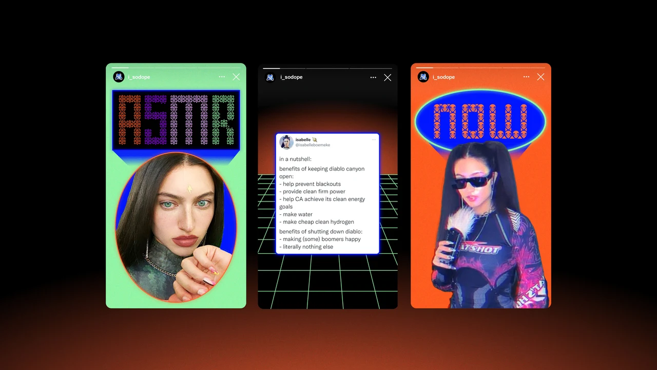 Três peças verticais de conteúdo Isodope combinam retratos, uma captura de texto e títulos como “ASMR” e “now”, com molduras verdes, pretas e laranja.