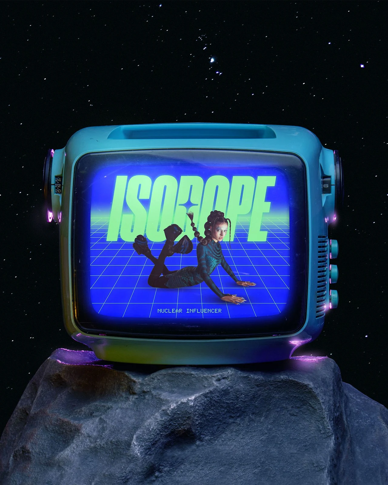 A retro-looking blue television rests on a rock in a star field; its screen displays the green Isodope name, a person and a blue perspective grid.
