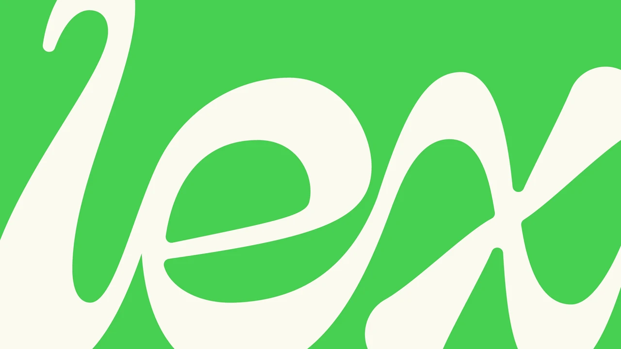 An oversized crop of the cream handwritten Lex wordmark fills a vivid green field, emphasizing its flowing letterforms.