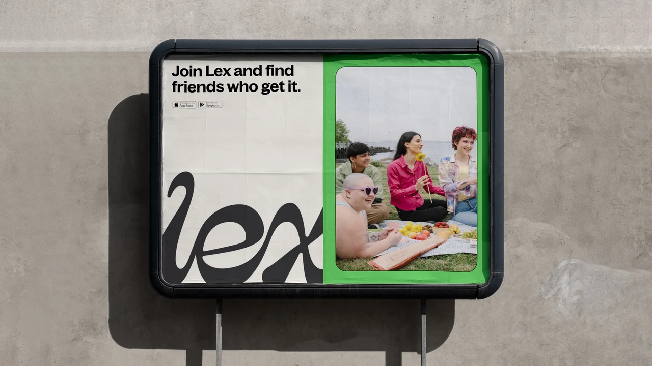 A street advertising panel combines an invitation to join Lex with a black wordmark and a green-framed photograph of people sharing a table.