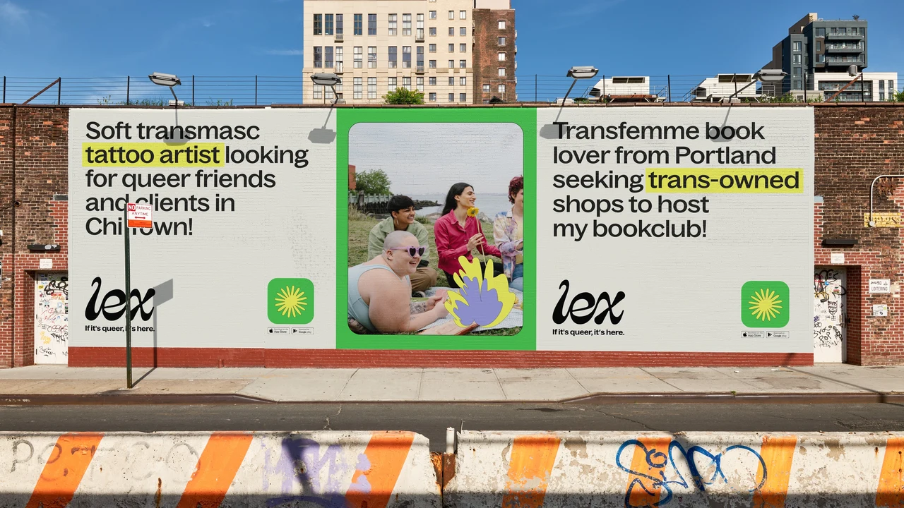 A large street advertisement alternates community profile text, Lex wordmarks and a green-framed photograph of an outdoor gathering.