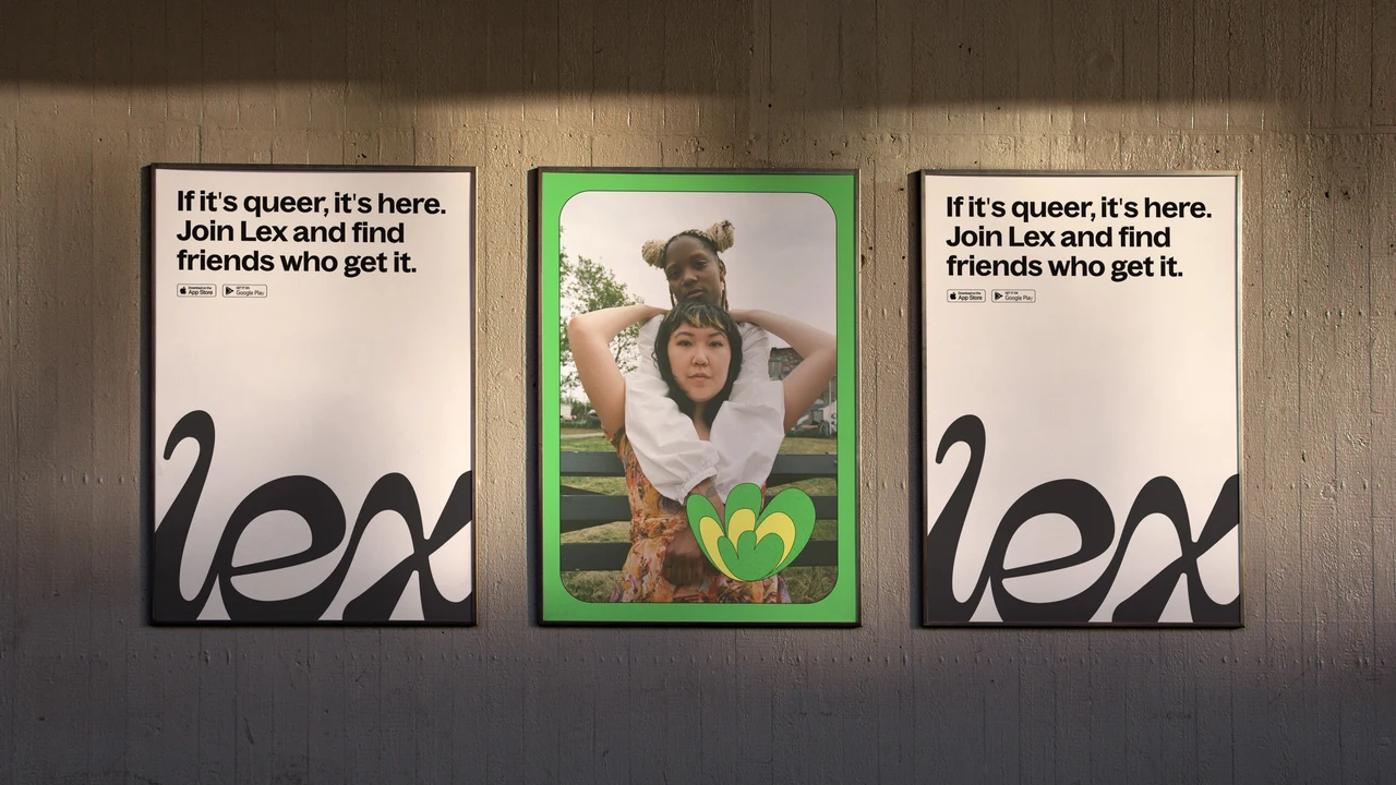 Three illuminated posters on a wooden wall combine black Lex wordmarks at the sides with a central green-framed photograph and illustrated sticker.