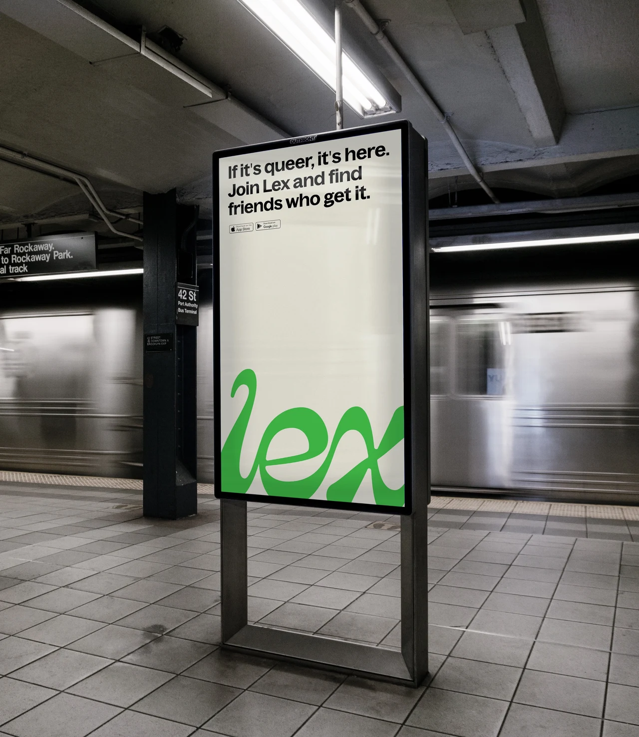 An advertising lightbox in a subway station shows a cream background, black headline and green Lex wordmark as a train passes behind it.