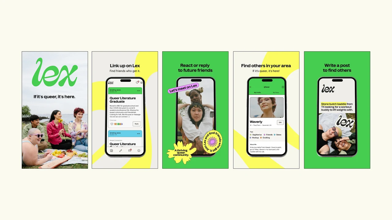 Five vertical panels introduce Lex and its features through app screens, portraits, stickers and green and yellow blocks.