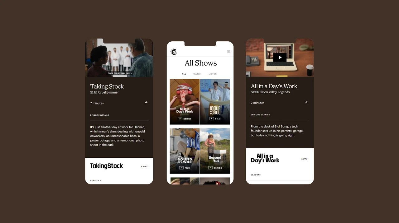 Three Mailchimp mobile screens show series detail pages and a program grid on a brown background.