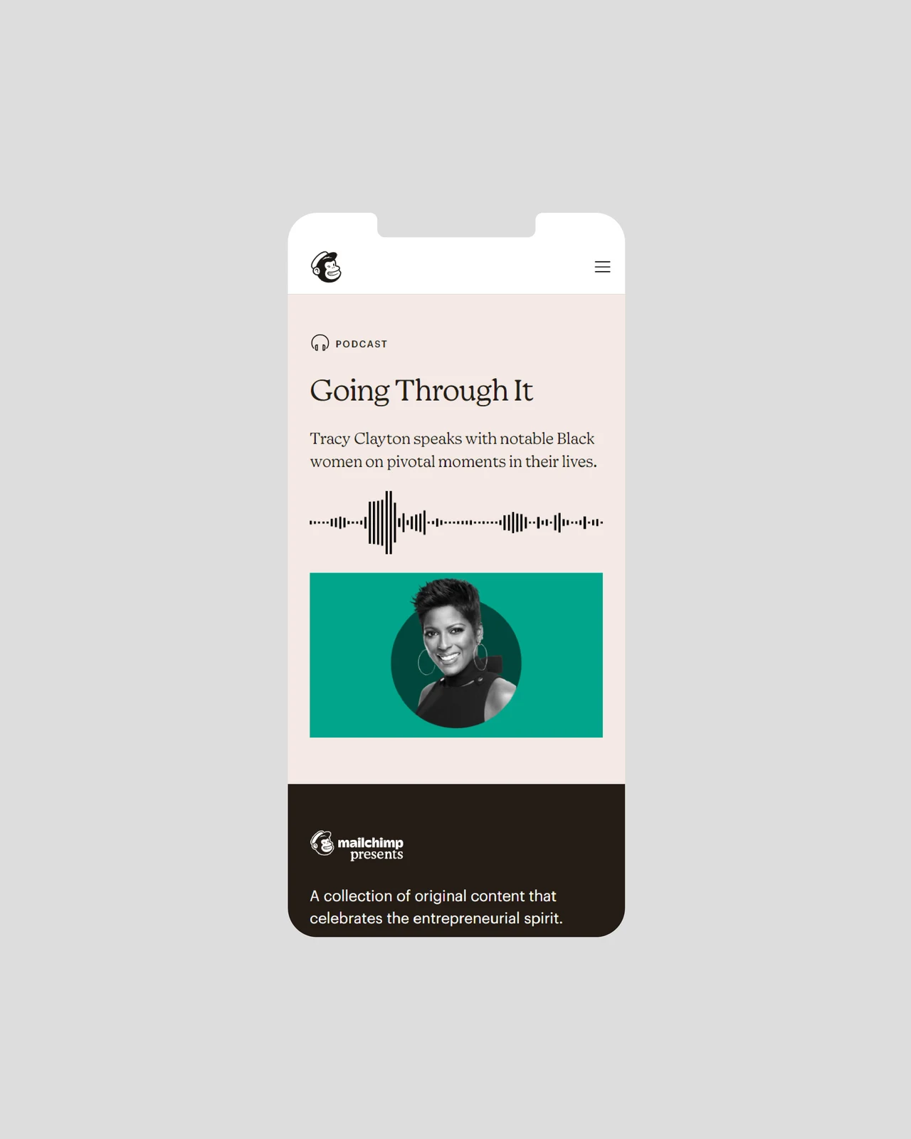 A pale mobile screen for the Going Through It podcast features an audio waveform and a circular portrait over a green panel.