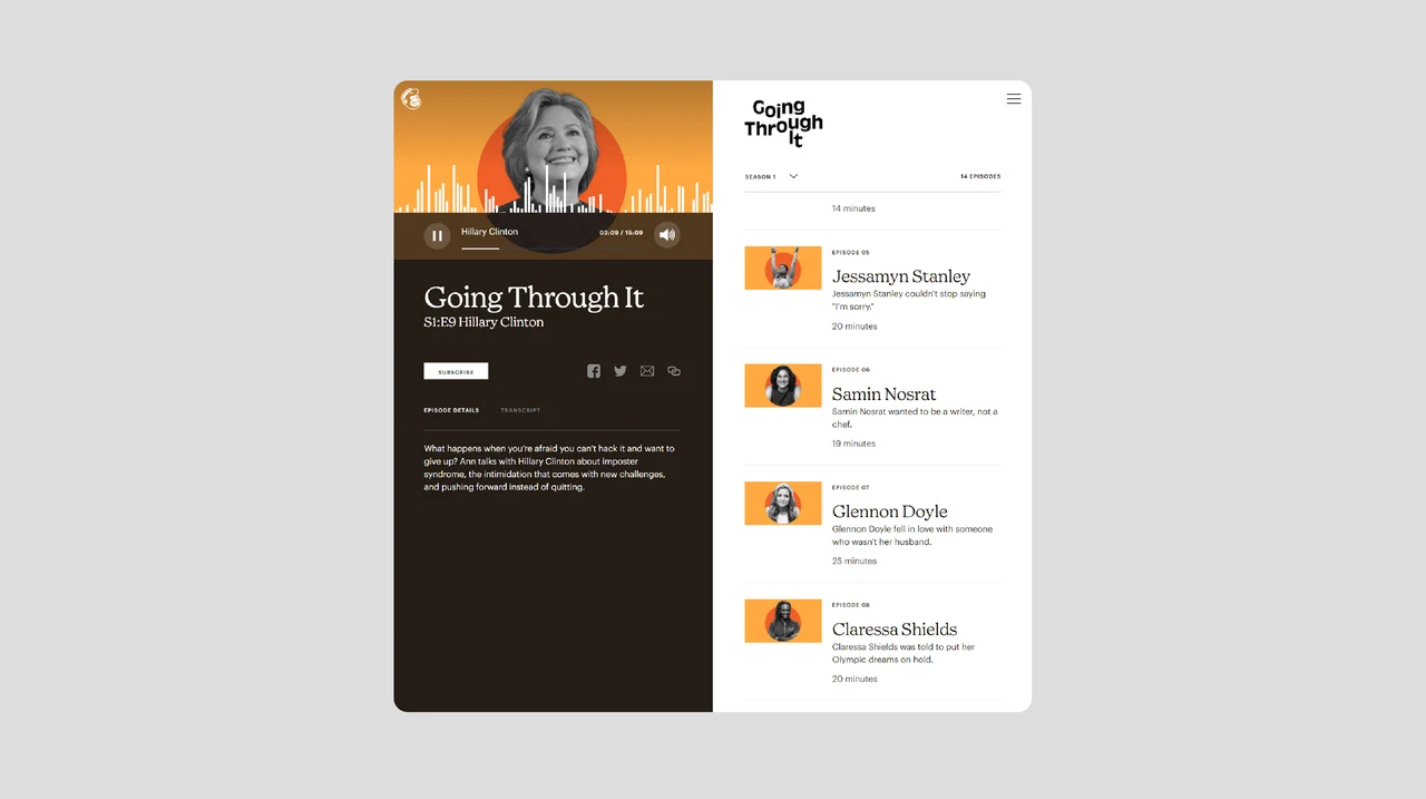 The desktop Going Through It podcast interface divides the page between a portrait cover, audio controls and an episode list.