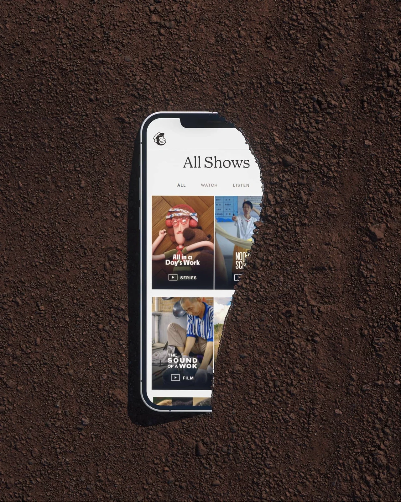 A phone showing Mailchimp’s All Shows series grid, partially concealed by a brown earth surface.