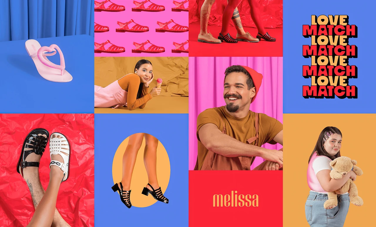 Mosaico da campanha Melissa Love Match combina retratos, calçados, pernas e lettering em blocos rosa, vermelho, azul e amarelo.
