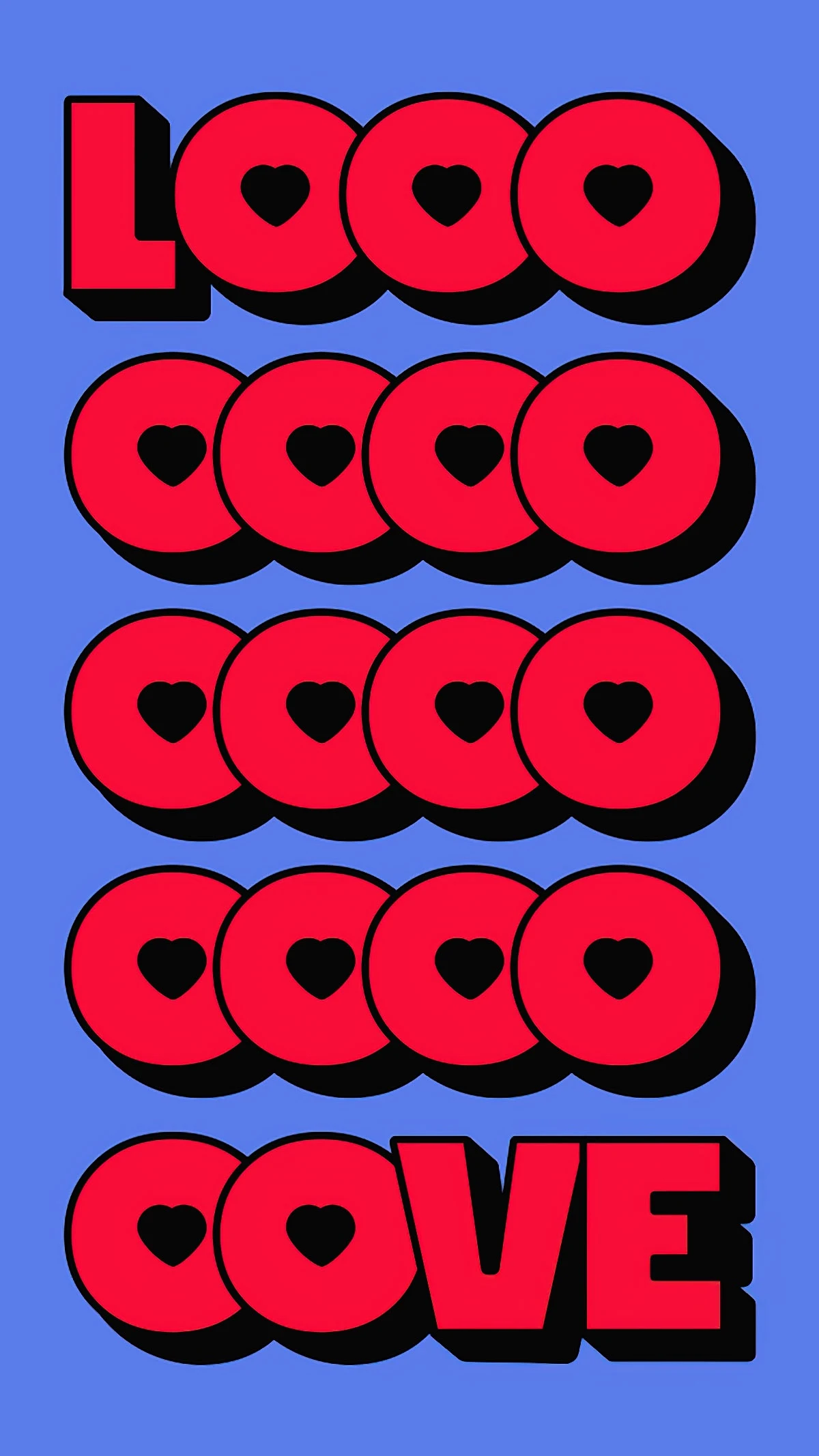 Cartaz tipográfico vertical alonga a palavra Love em várias linhas, com letras vermelhas, sombras pretas e miolos de coração sobre azul.