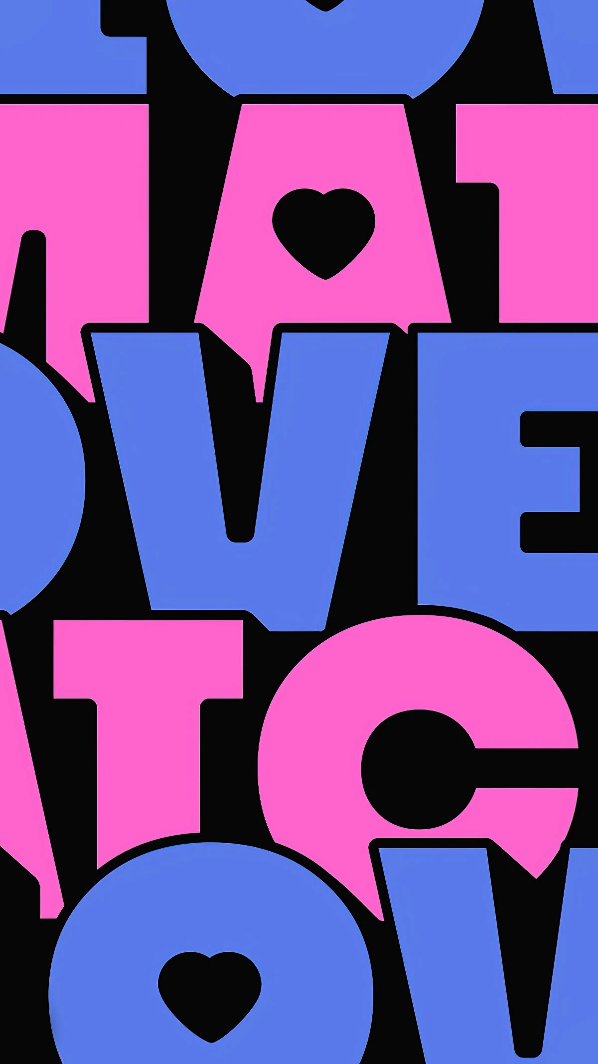 Letras grandes em azul e rosa compõem um padrão vertical de Love e Match, com corações nos espaços internos.