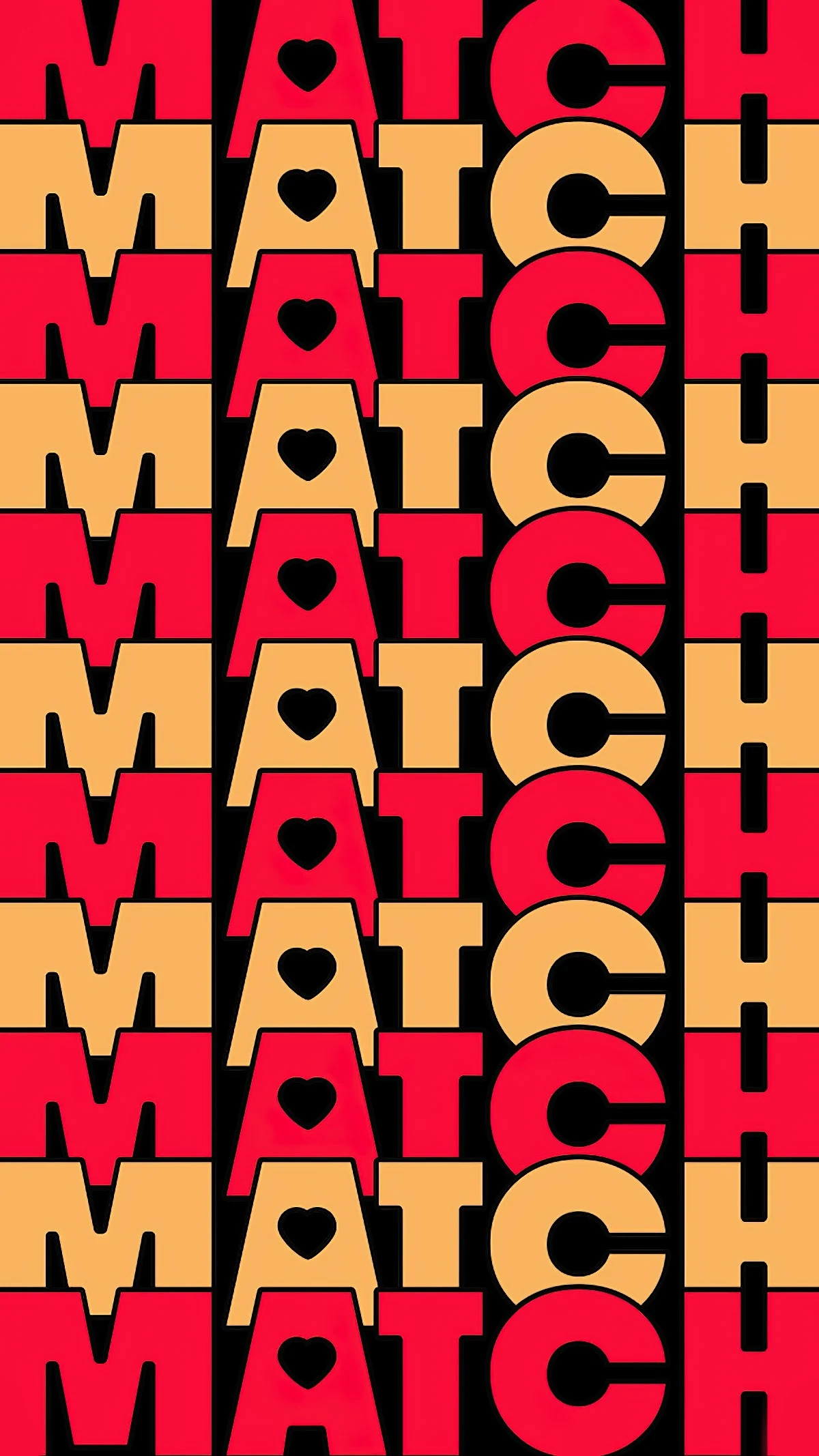 A palavra Match se repete em linhas alternadas vermelhas e pêssego sobre preto, com letras pesadas e vazados em forma de coração.