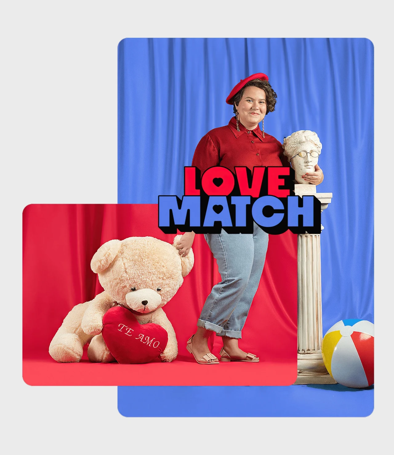 Composição Love Match reúne pessoa de boina, urso de pelúcia, busto e bola de praia em fotografias sobrepostas com cortinas coloridas.