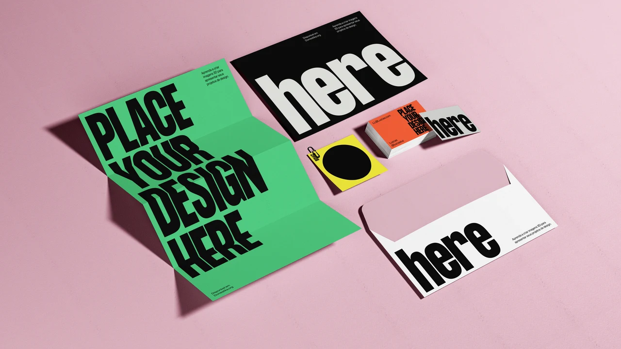 A stationery mockup combines a green Place your design here poster, a white envelope and black, yellow and orange typographic cards on pink.