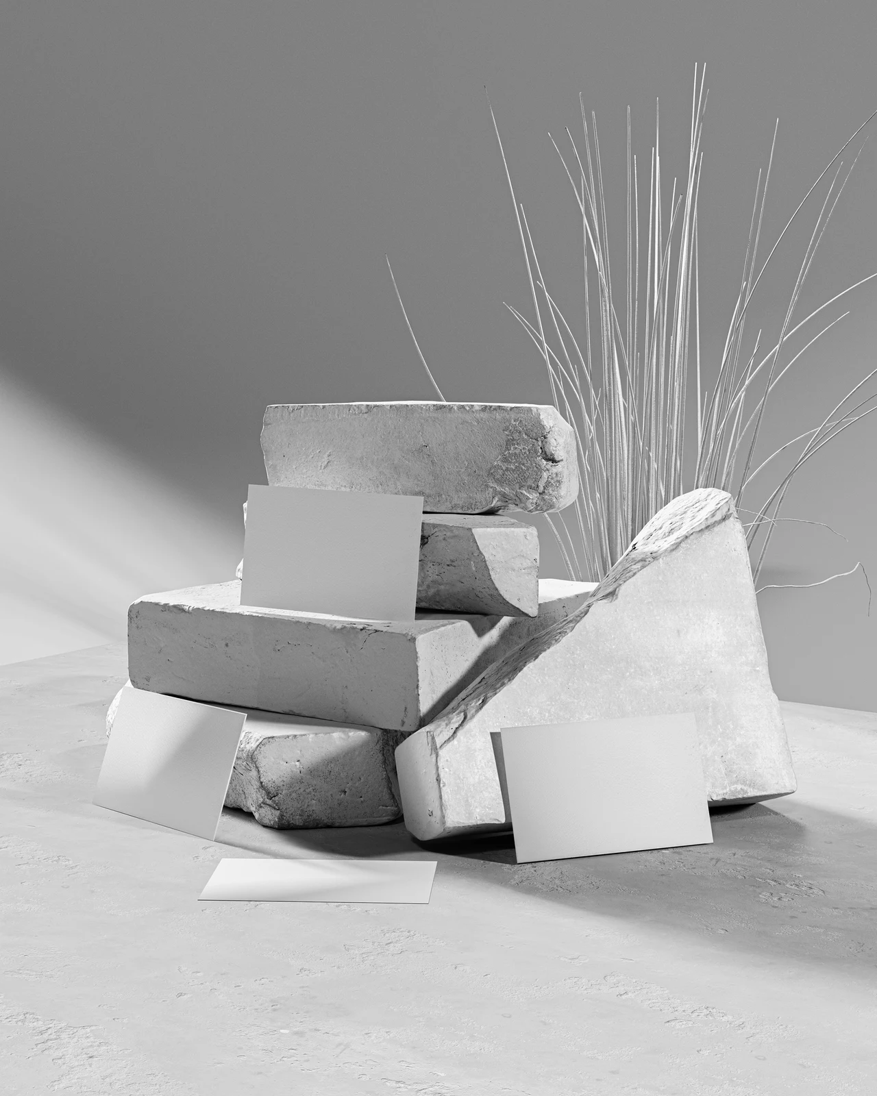 A monochrome 3D mockup study shows stacked stone blocks, blank white cards and plant stems under side lighting.