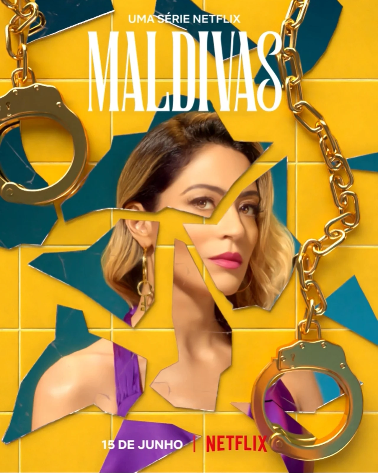 A vertical Maldivas poster combines a woman’s face reflected in broken mirror pieces, yellow tiles and golden handcuffs with the series title in white.