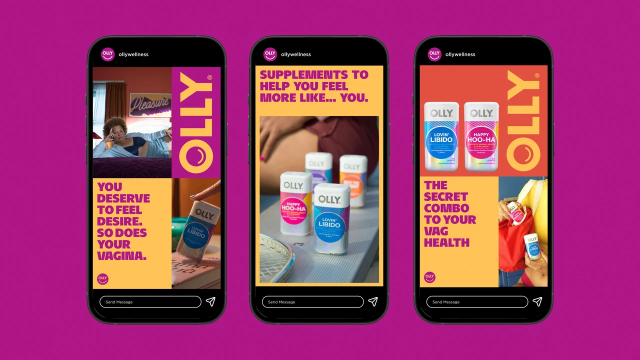 Three phones on a magenta background show OLLY stories with packages, photography and yellow text arranged in vertical panels.