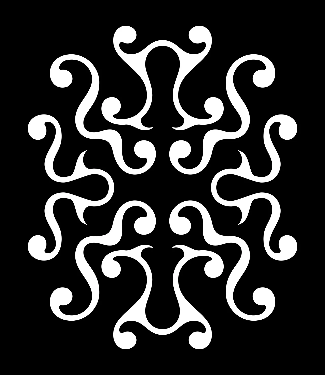Symmetrical white pattern on black repeats curves and ornamental terminals from the QX system in a vertical rosette-like composition.