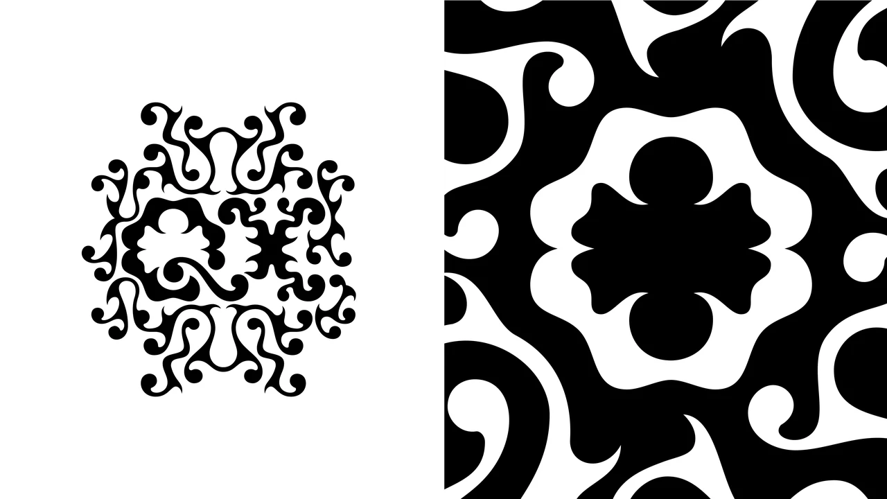 Graphic diptych contrasts a small circular black QX ornament on white with a highly enlarged crop of the same design in white on black.
