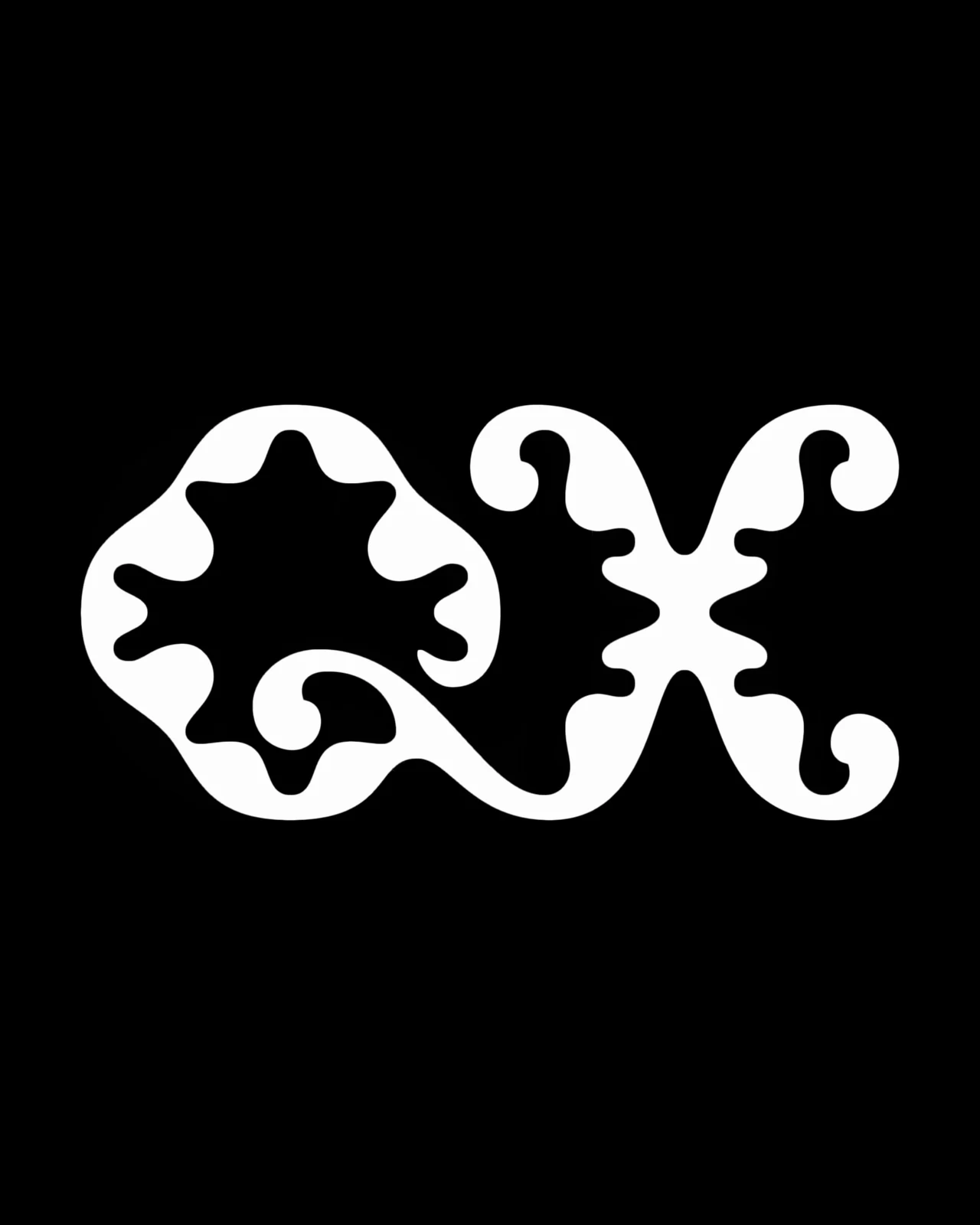 White QX monogram with organic contours, curves and rounded terminals centered on black.