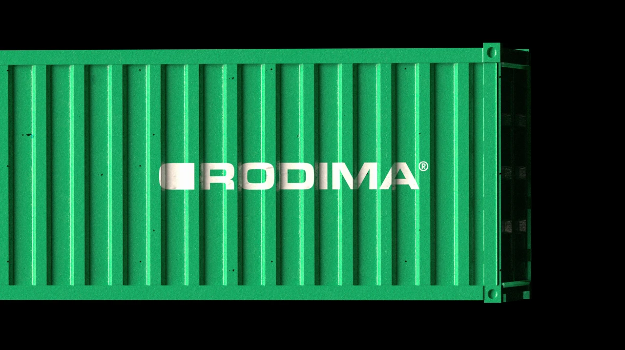 A green shipping container carries a large white Rodima logo against black.