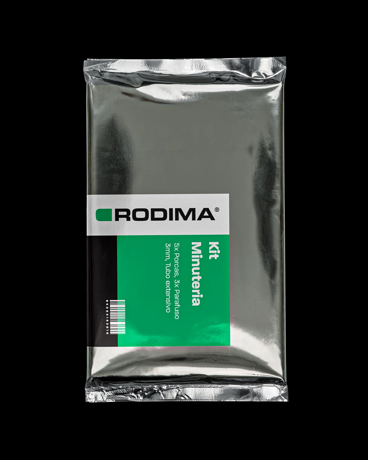 A metallic Rodima Kit Minibuchas bag carries a green, black and white label with a logo and barcode.