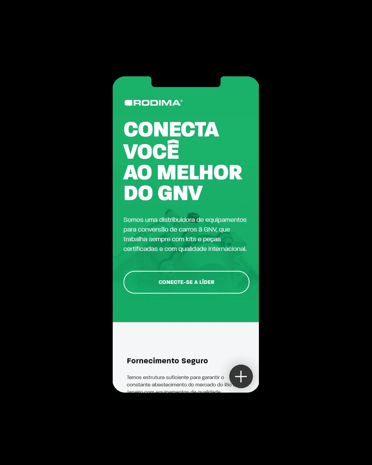 A Rodima mobile page has a green header with Conecta você ao melhor do GNV, a button and a white content section.