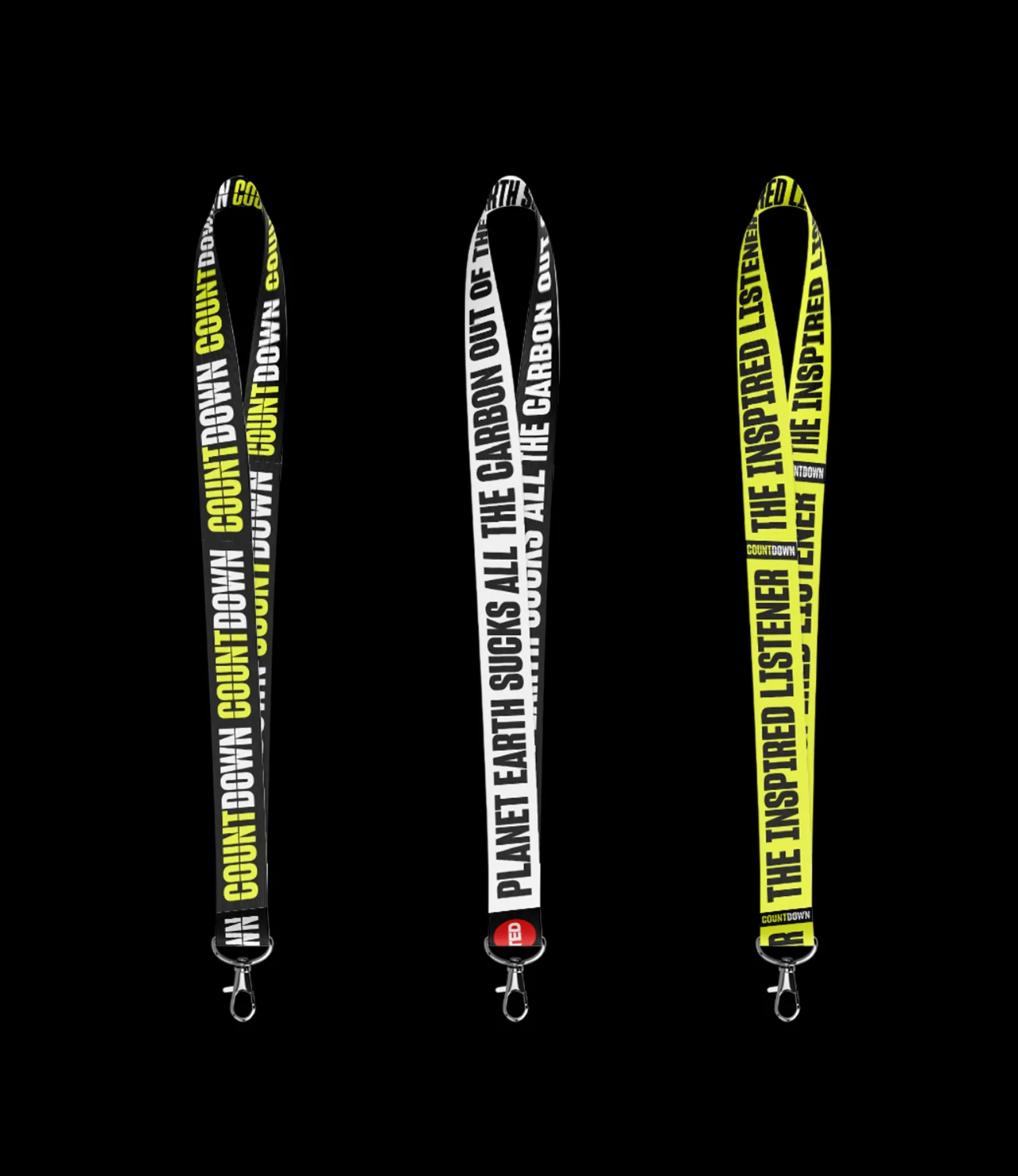 Three lanyards on black use repeated campaign phrases and the Countdown name in white and lime yellow.