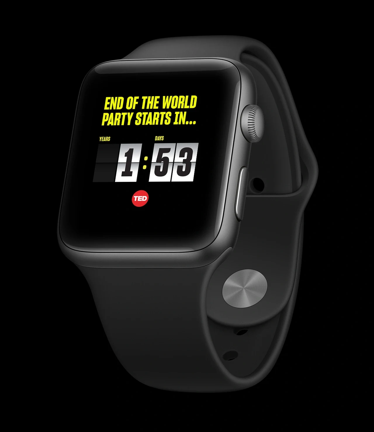 Black smartwatch face presents a flip-clock-style numeric countdown, an End of the world party starts in heading and a red TED badge.