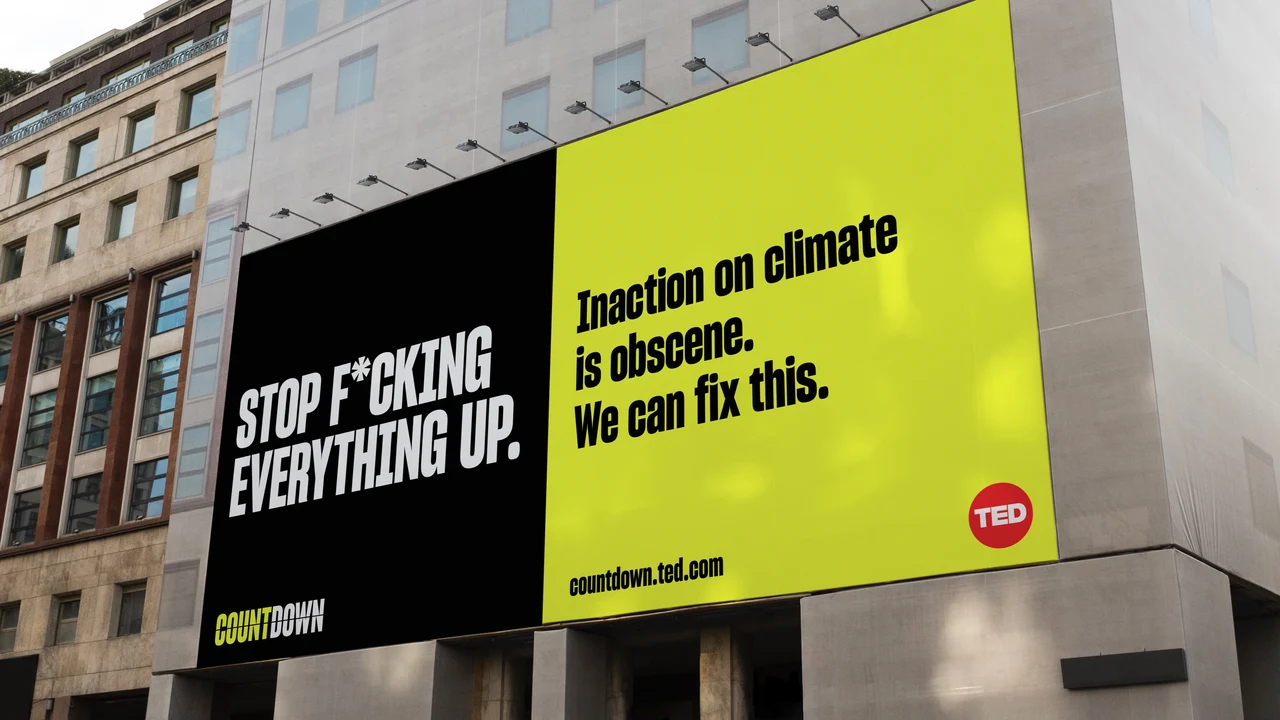Billboard divided into black and lime-yellow panels pairs a provocative headline on the left with climate-inaction messaging and TED branding on the right.