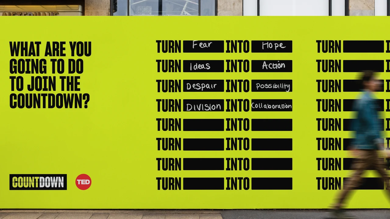 Participatory lime-yellow panel asks how to join Countdown and includes Turn ... into ... lines with black fields filled in by hand.