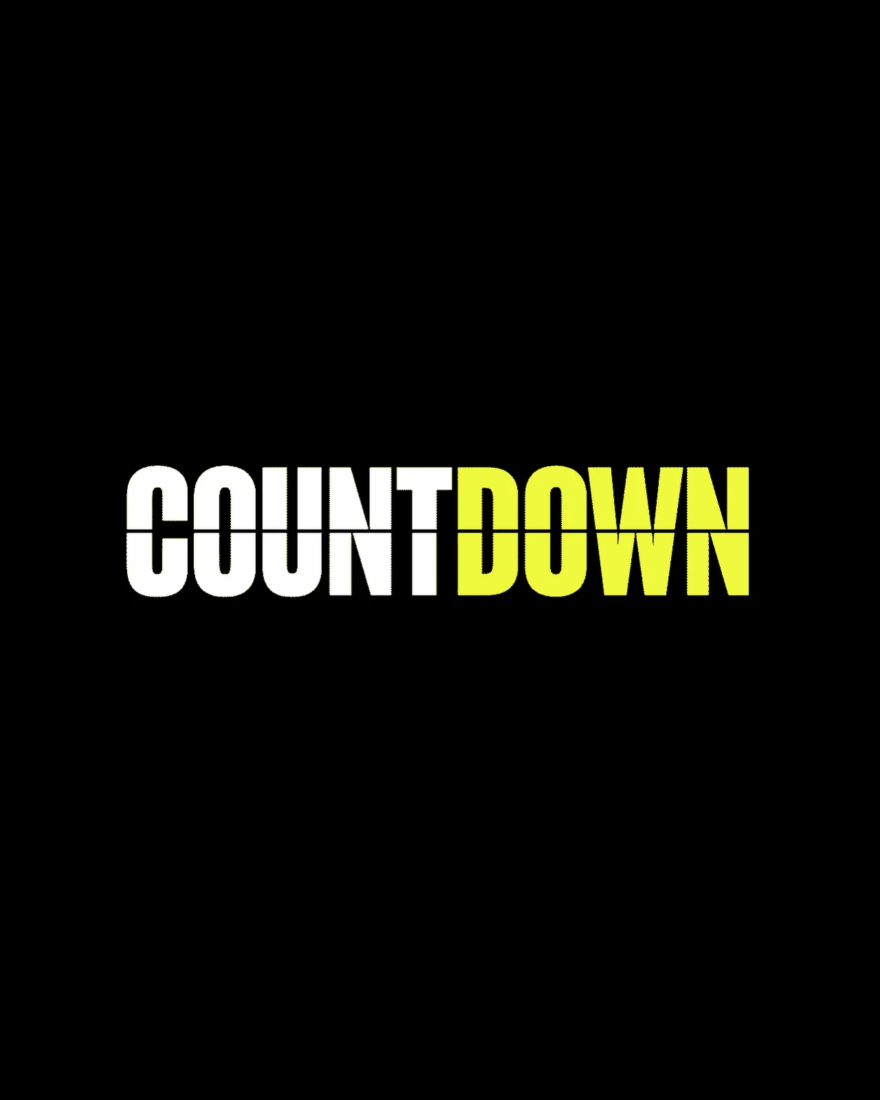 White and lime-yellow Countdown logo on black transforms through horizontal splits, evoking the movement of a counting display.