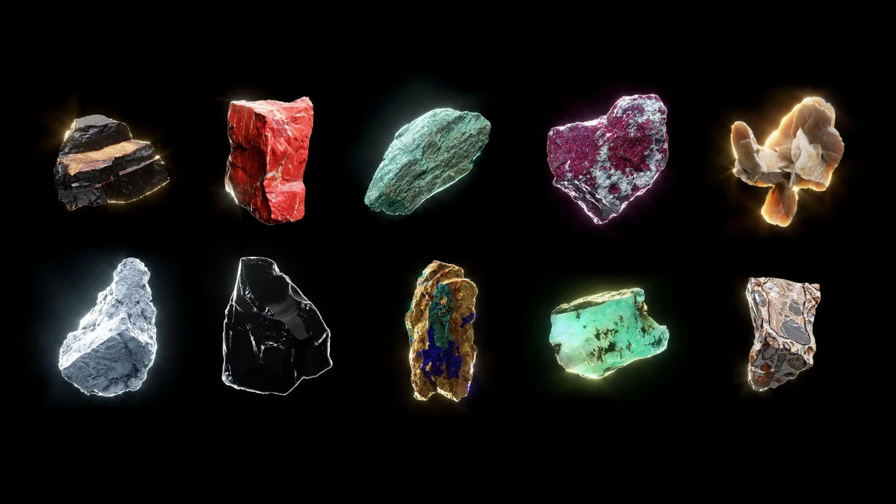 Dez pedras digitalizadas em cores e texturas distintas são organizadas em duas linhas sobre preto, cada uma com halo luminoso próprio.