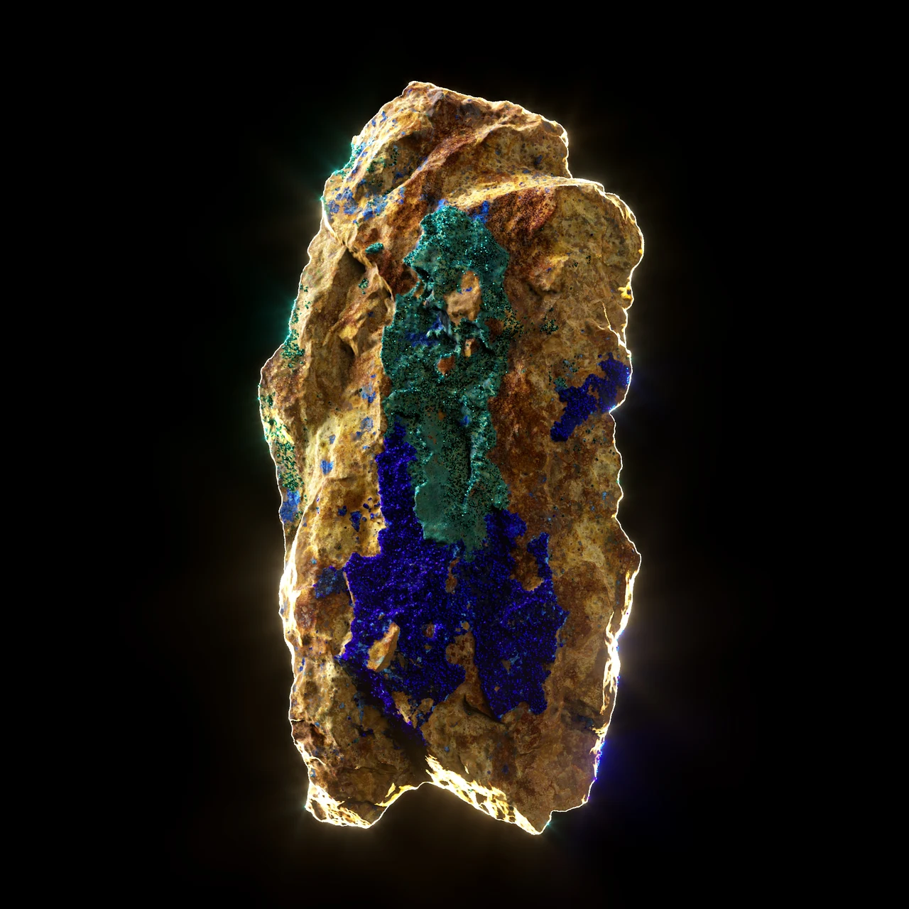 Rocha alongada em tons dourados contém manchas minerais verdes e azuis intensas, com contorno luminoso sobre fundo preto.