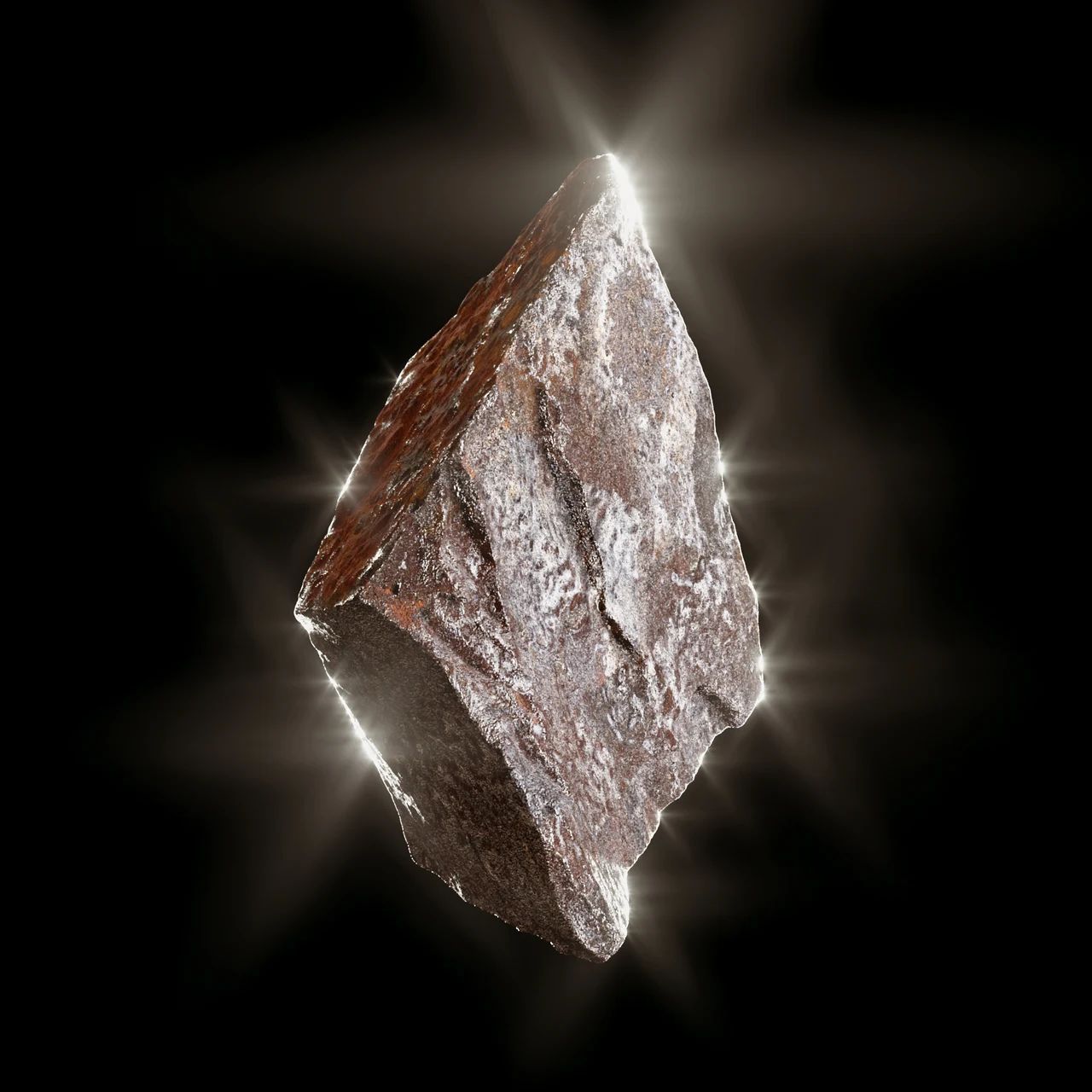 Pedra angular castanha e prateada aparece suspensa, com textura estriada e fortes brilhos pontuais irradiando de suas extremidades.