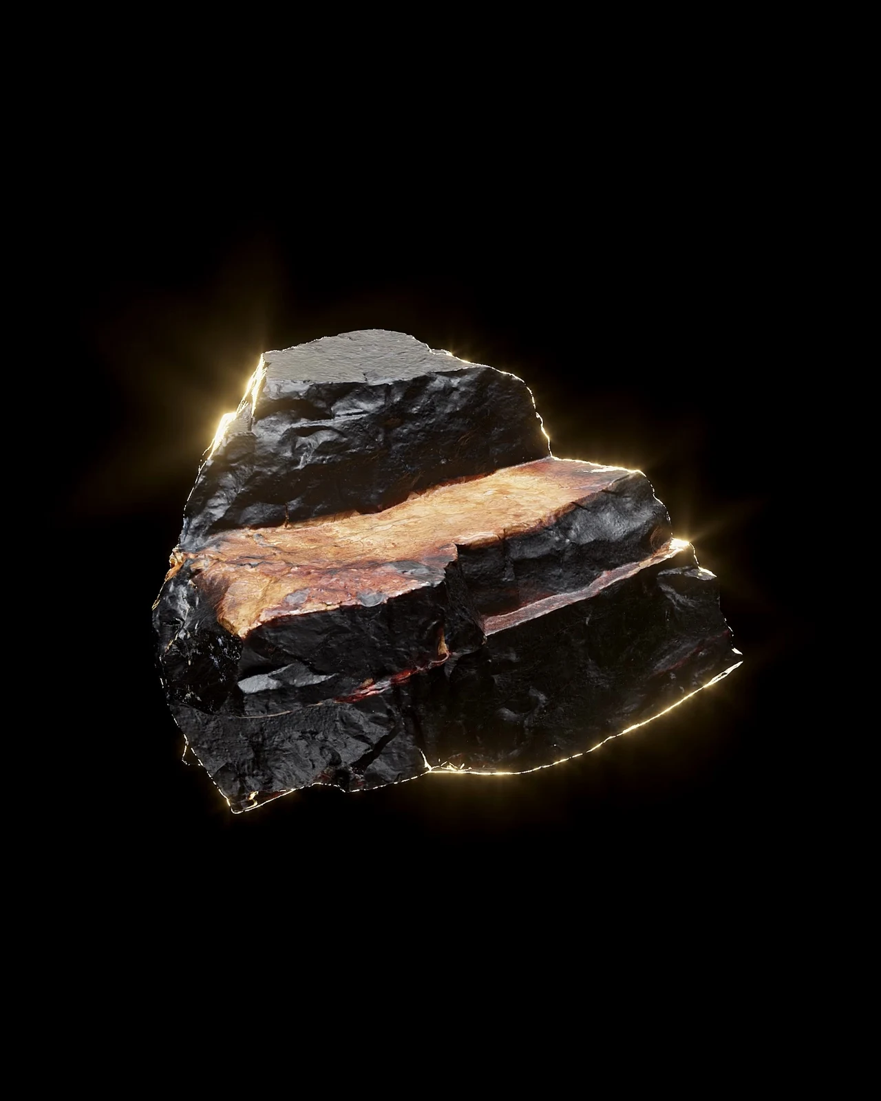 Dark stone with a horizontal orange band floats on black, highlighted by golden glints along its irregular edges.