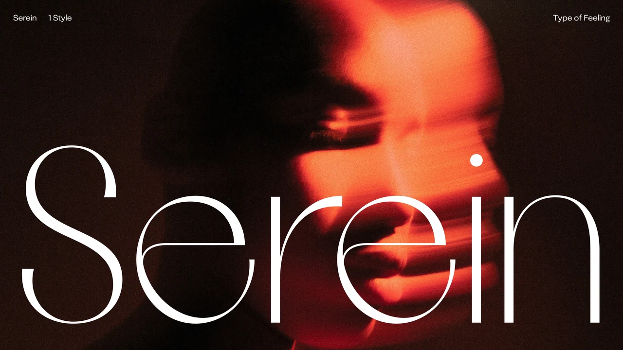 Serein type specimen with very thin white lettering over a blurred female portrait in red and black, with a visual trailing effect.