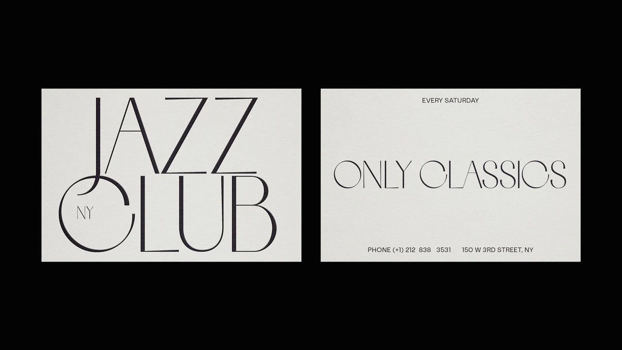 Two pale cards present “Jazz Club NY” and “Only Classics” typographic applications, using narrow high-contrast lettering against a black surround.