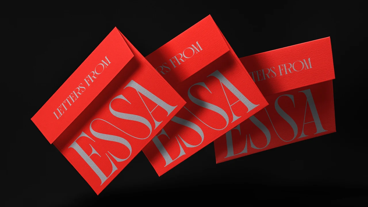 Three tilted red packages or covers overlap on a dark background, with “Letters from” and large pale serif letters across their faces.