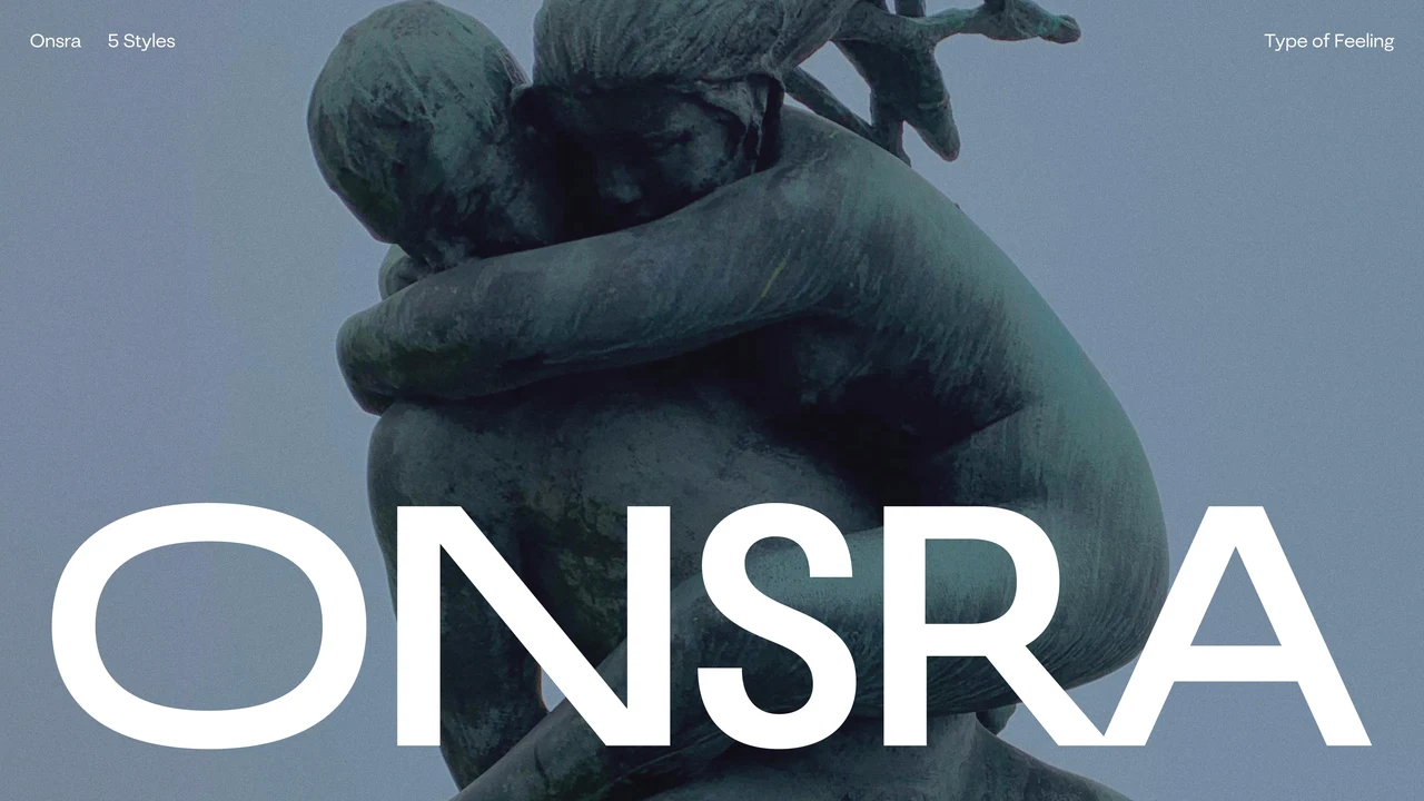 Onsra specimen combines wide white lettering with a blue-gray photograph of a sculpture of two embracing figures.