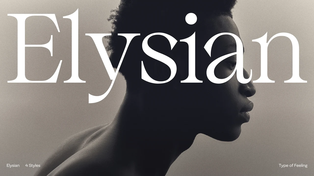 Elysian specimen overlays high-contrast white serif lettering on a black-and-white profile portrait.