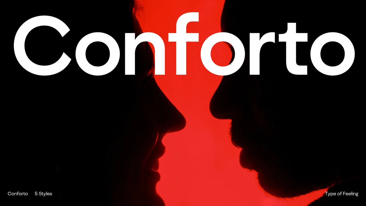 Conforto name in rounded white lettering crosses an image of two silhouetted faces facing each other, separated by a bright red gap.