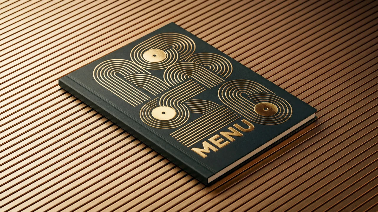 Dark green menu book with gold concentric line patterns, record discs and the word Menu, lying on a ribbed wood table.