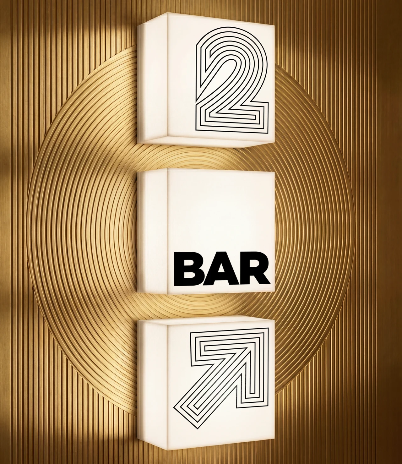 Stacked illuminated cube signs reading 2, Bar and a diagonal arrow in outlined multi-line type, in front of a gold wall with concentric grooves.