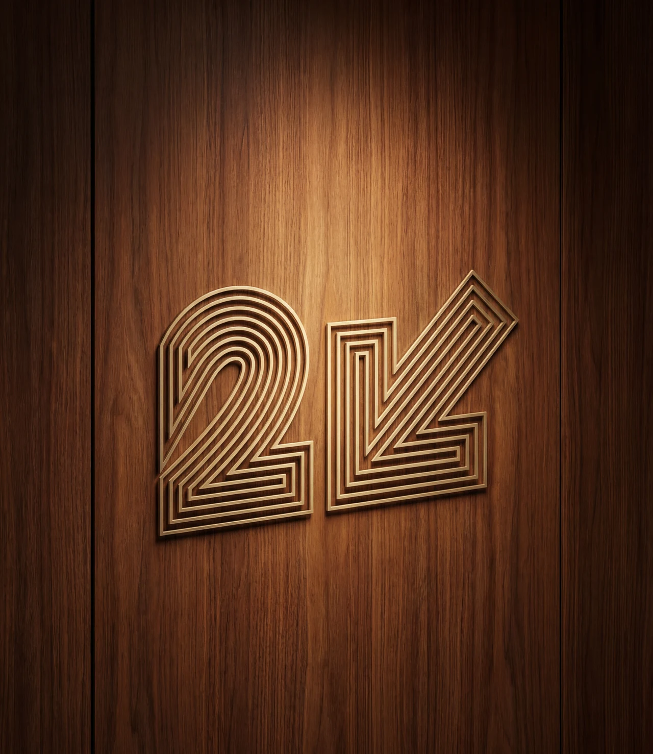 Brass 2K lettering in outlined multi-line strokes, mounted on a wood panel and lit from above.