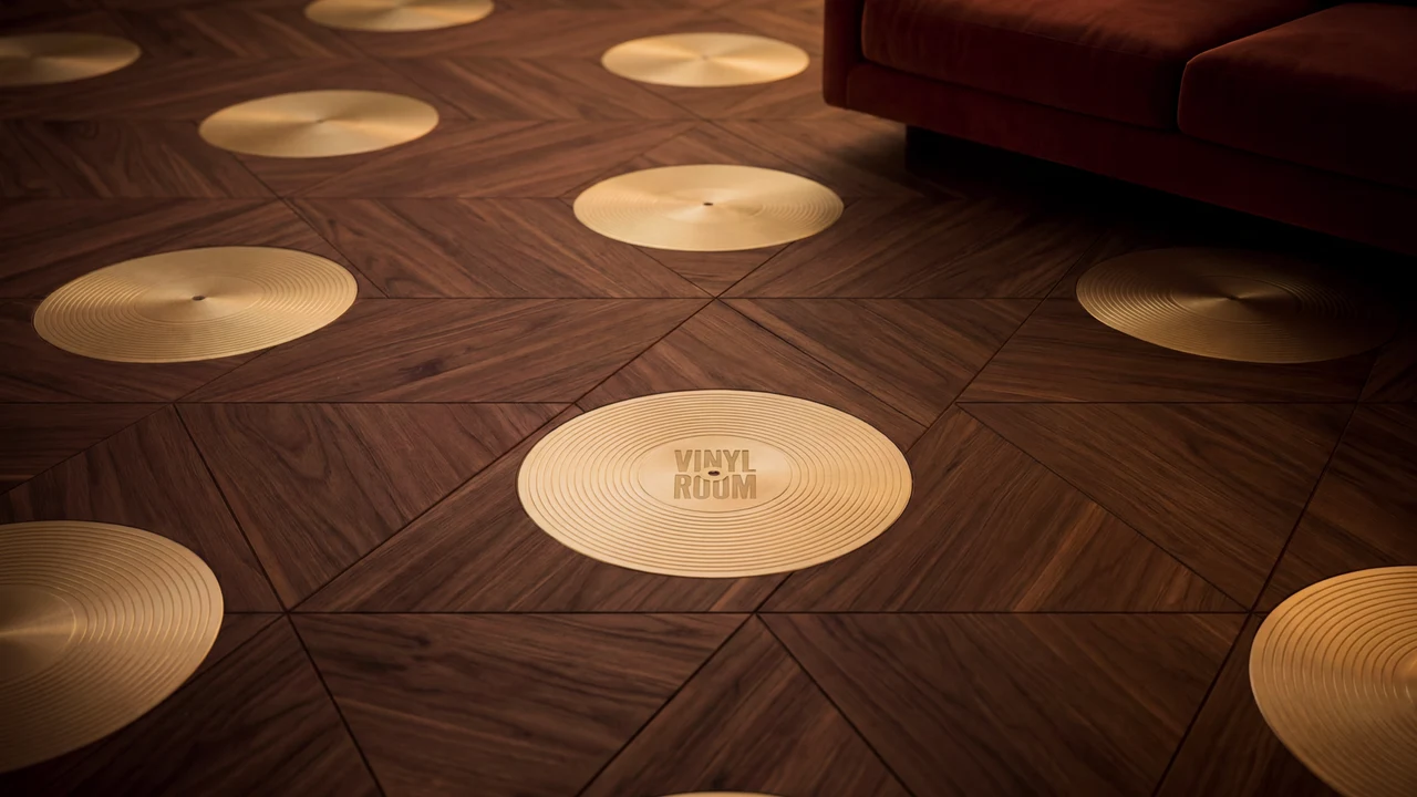Walnut parquet floor inlaid with brass record discs, one engraved with Vinyl Room, beside a rust velvet sofa.